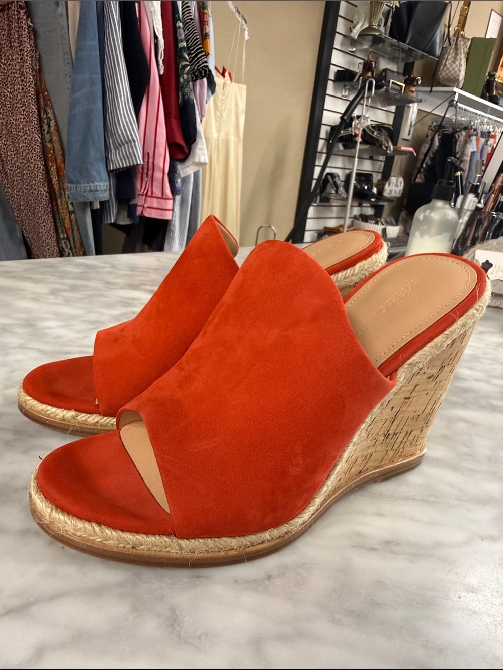 Sigerson Morrison Coral Red Suede Slip on Wedge NEW Size 7